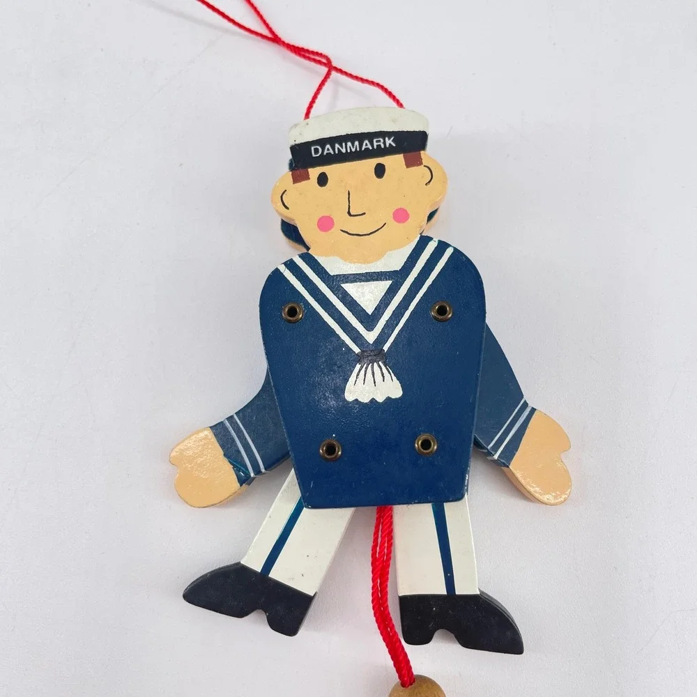 Vintage Danish Wooden Sailor Jumping Jack Ornament Danmark Hand Painted Toy